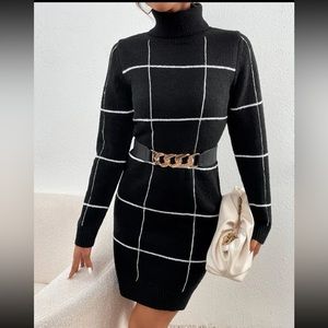 Window Pane Print Turtleneck Sweater Dress